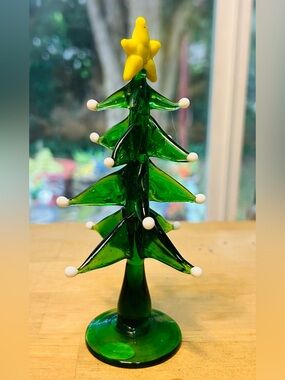 Global Village Miniature Hand Blown Glass Christmas Tree Green White Ornaments